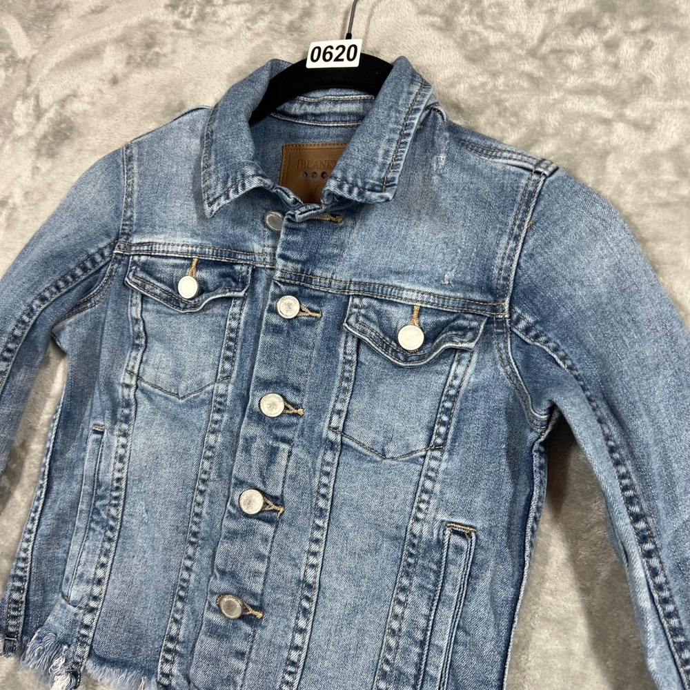 Blank NYC Cropped Blue Denim Jean Trucker Jacket Distressed Raw Hem Size S Youth